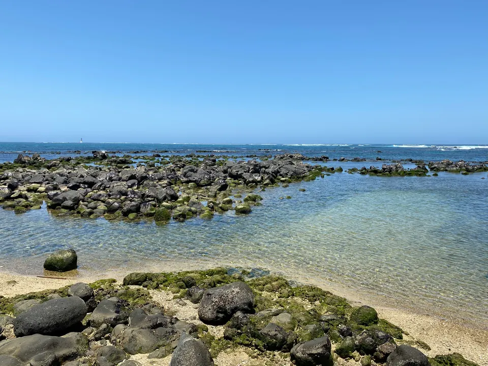 Volcanic rocks and clear, shallow water on the Atlantic shore at Dakar.