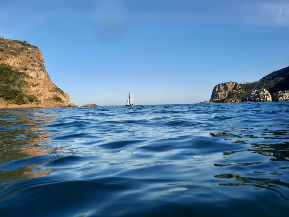 A yacht on open water between sandstone headlands at Knysna.